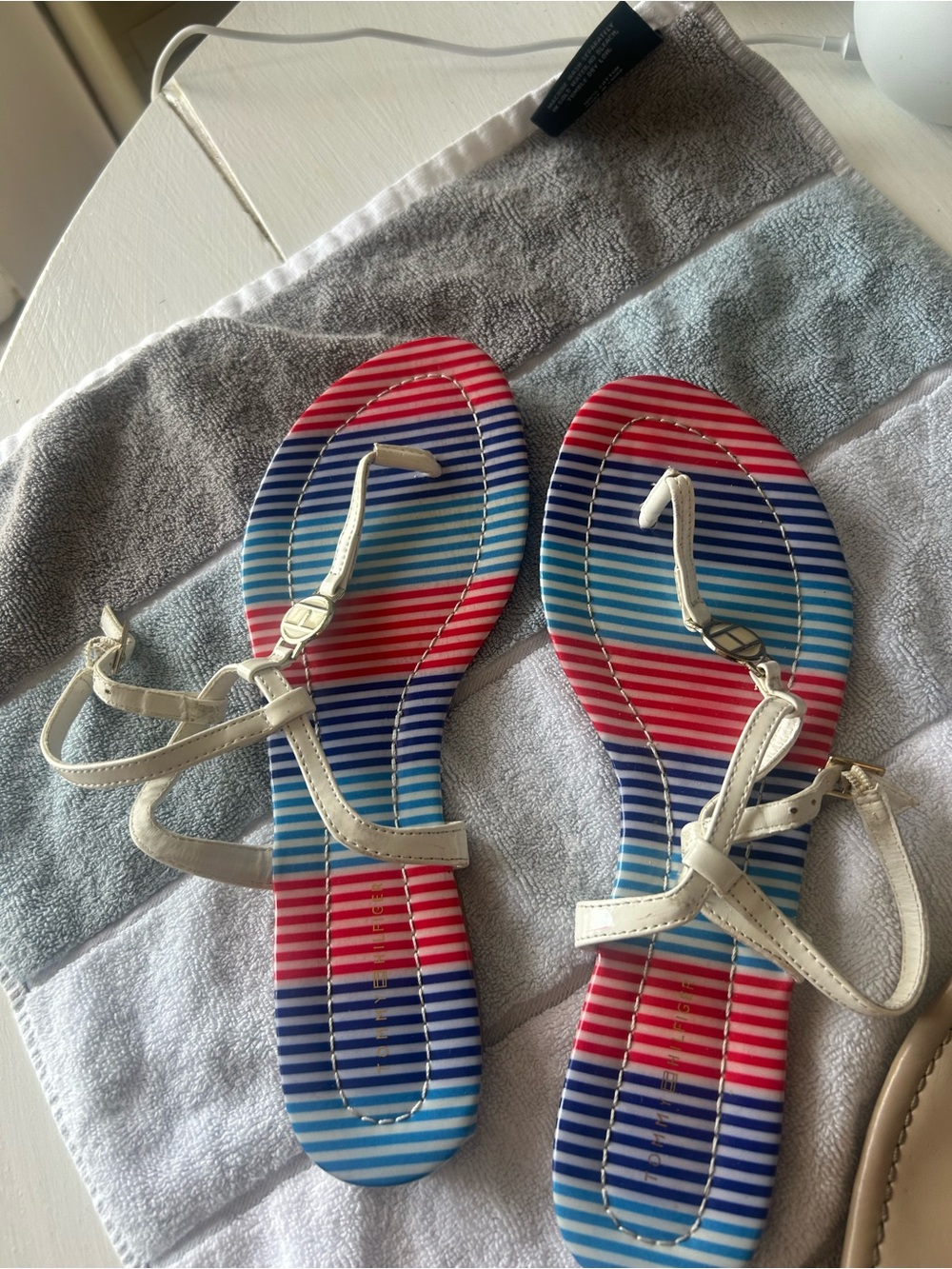 Tommy Hilfiger Red, Blue and White Striped Flat Sandals